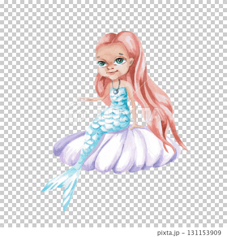 A red-haired mermaid on a shell. Isolated watercolor illustration of a fairytale character for children's interiors, cosmetics, clothing prints, greeting card designs, and themed holidays. 131153909