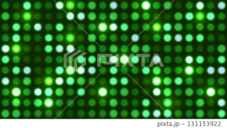 Glowing green halftone dot background. Bright circular lights grid on dark. Futuristic and vibrant texture pattern. Geometric minimal digital design. Abstract vector illustration 131153922