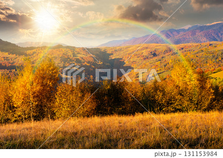 autumn mountain landscape at sunset. beautiful countryside in highlands with rural fields and colorful deciduous trees. rolling hills inder the rainbow in evening light 131153984