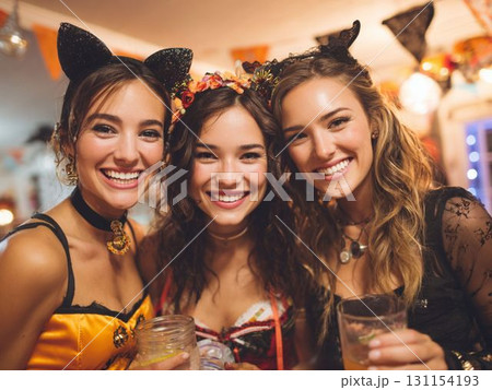 ハロウィンコスチュームで笑顔の女性たち 131154193