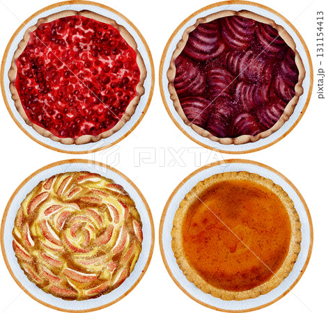 Set of autumn sweet pies, top view, watercolor illustration. 131154413