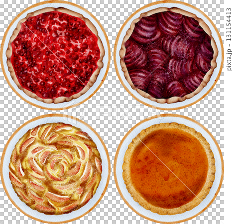 Set of autumn sweet pies, top view, watercolor illustration. 131154413