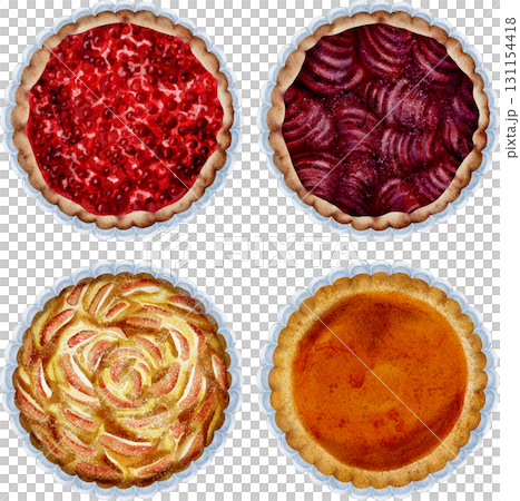 Set of autumn sweet pies, top view, watercolor illustration. 131154418
