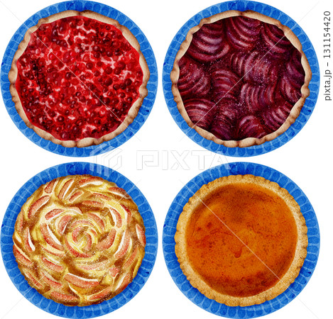 Set of autumn sweet pies, top view, watercolor illustration. Set of autumn sweet pies, top view, watercolor illustration. 131154420