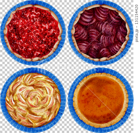 Set of autumn sweet pies, top view, watercolor illustration. Set of autumn sweet pies, top view, watercolor illustration. 131154420