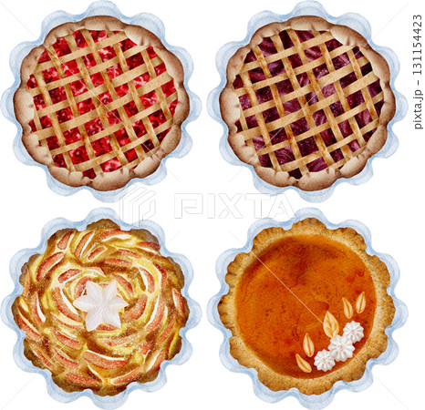 Set of autumn sweet pies, top view, watercolor illustration. 131154423