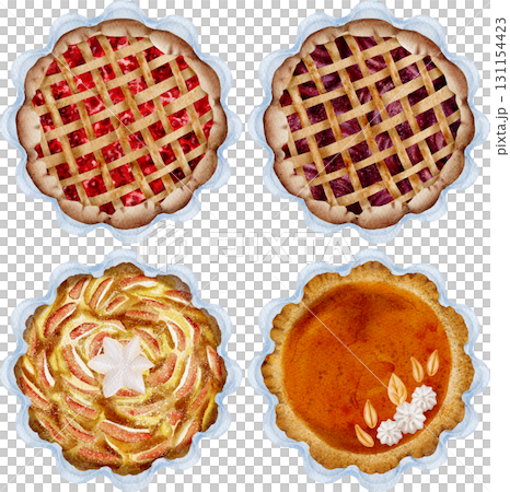 Set of autumn sweet pies, top view, watercolor illustration. 131154423