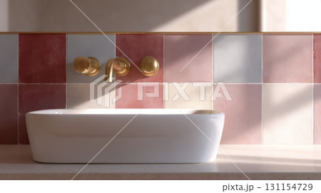 Colorful handmade ceramic tiles enhance the aesthetic of a modern bathroom space with a unique design 131154729
