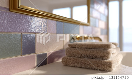 A beautifully designed bathroom features colorful handmade tiles and neatly stacked towels on a countertop 131154730