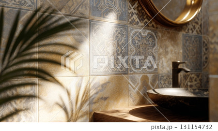 Vibrant handmade ceramic tiles on an accent wall enhance the bathroom's creative atmosphere 131154732