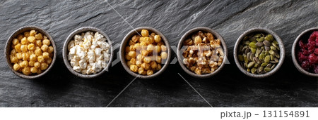 These bowls showcase a variety of fiber-rich snacks perfect for healthy munching 131154891
