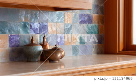Brightly colored ceramic tiles form a striking accent wall in a stylish kitchen, showcasing creative design 131154969