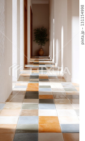 Colorful ceramic tiles line an interior hallway, enhancing the space with unique textures and design 131154998