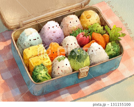 彩り豊かなキャラクターおにぎり弁当のイラスト 131155100
