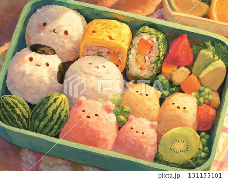 動物キャラクターおにぎりのかわいいお弁当のイラスト 動物キャラクターおにぎりのかわいいお弁当のイラスト 131155101
