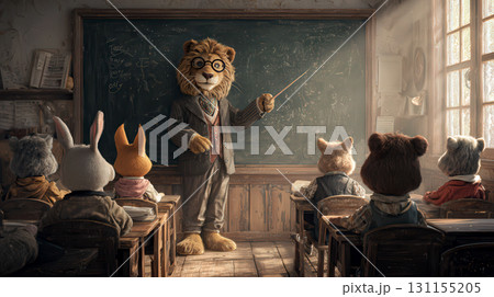 学校の教室で授業をするライオン先生 131155205