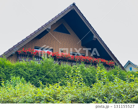 Charming brick house with vibrant red flowers surrounded by lush greenery in a peaceful neighborhood setting 131155527