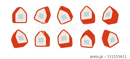 Flat line art illustration of red houses with blue windows in different isometric angles and perspectives. Minimal 3D effect, real estate, home, property or architecture isolated on white background Flat line art illustration of red houses with blue windows in different isometric angles and perspectives. Minimal 3D effect, real estate, home, property or architecture isolated on white background 131155611