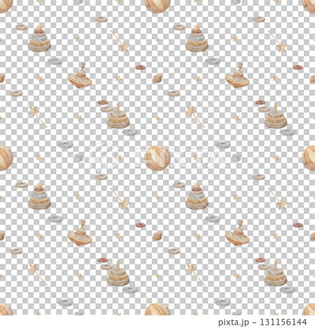 Watercolor pattern wooden toys, spinning top, pyramid, stars. Hand drawn illustration in childish vintage style. Seamless print isolated on background for textiles, fabrics clothes wallpaper packaging Watercolor pattern wooden toys, spinning top, pyramid, stars. Hand drawn illustration in childish vintage style. Seamless print isolated on background for textiles, fabrics clothes wallpaper packaging 131156144