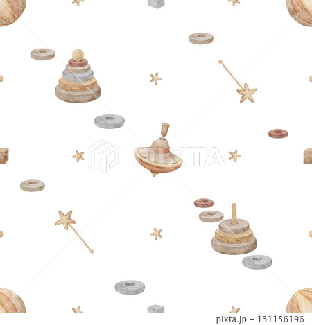 Watercolor pattern wooden toys, spinning top, pyramid, stars. Hand drawn illustration in childish vintage style. Seamless print isolated on background for textiles, fabrics clothes wallpaper packaging Watercolor pattern wooden toys, spinning top, pyramid, stars. Hand drawn illustration in childish vintage style. Seamless print isolated on background for textiles, fabrics clothes wallpaper packaging 131156196