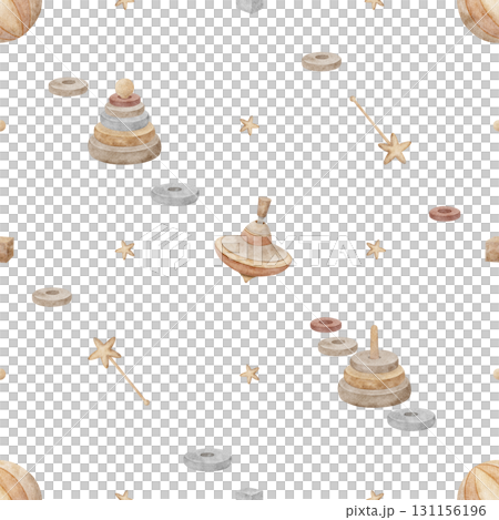 Watercolor pattern wooden toys, spinning top, pyramid, stars. Hand drawn illustration in childish vintage style. Seamless print isolated on background for textiles, fabrics clothes wallpaper packaging Watercolor pattern wooden toys, spinning top, pyramid, stars. Hand drawn illustration in childish vintage style. Seamless print isolated on background for textiles, fabrics clothes wallpaper packaging 131156196