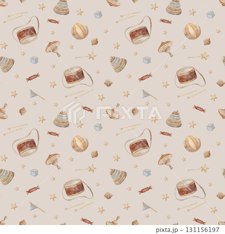 Pattern watercolor vintage toys, spinning top, pyramid, drum, candy, flag, ball, cubes, stars. Hand-drawn illustration in childish retro style. Seamless print on beige background for design baby 131156197