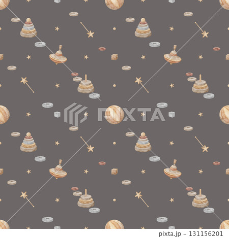 Watercolor pattern wooden toys, spinning top, pyramid, stars. Hand drawn illustration in childish vintage style. Seamless print on dark gray background for textiles fabrics clothes wallpaper packaging Watercolor pattern wooden toys, spinning top, pyramid, stars. Hand drawn illustration in childish vintage style. Seamless print on dark gray background for textiles fabrics clothes wallpaper packaging 131156201