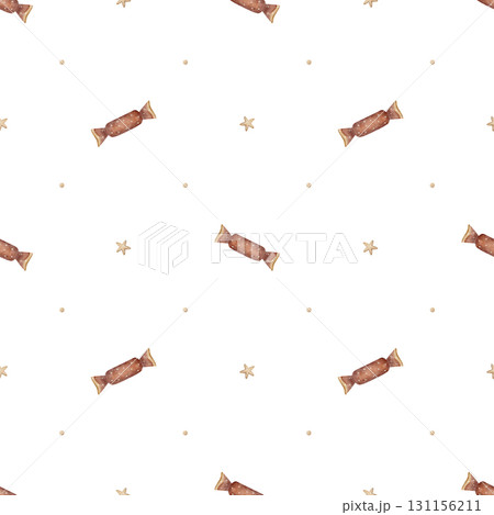 Pattern candies in red retro wrappers, stars, sweets, party treats. The watercolor illustration is hand drawn in childish vintage style. Seamless print isolated from background for fabrics, textiles 131156211