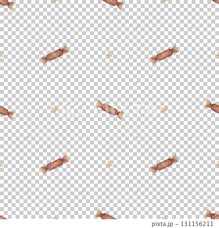 Pattern candies in red retro wrappers, stars, sweets, party treats. The watercolor illustration is hand drawn in childish vintage style. Seamless print isolated from background for fabrics, textiles 131156211