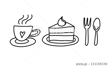 Line art sketch of cute coffee or tea cup, cake slice and a fork and spoon. Cozy cafe moments, sweet indulgences doodle illustration. 131156330