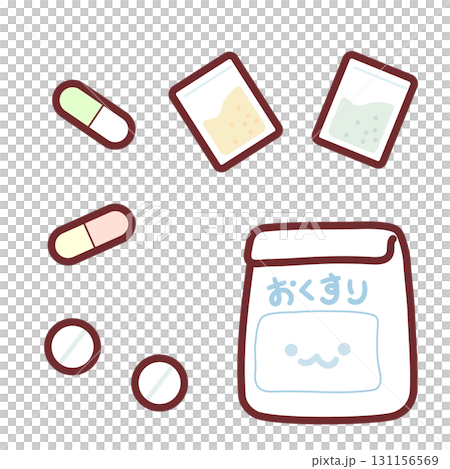錠剤やカプセルと薬袋を描いたかわいい医療イラストアイコン 131156569