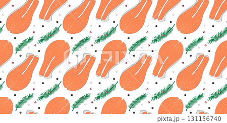 Salmon Steak with Allspices and Rosemary Twigs Seamless Pattern Healthy Eating Fond Banner Format Salmon Steak with Allspices and Rosemary Twigs Seamless Pattern Healthy Eating Fond Banner Format 131156740