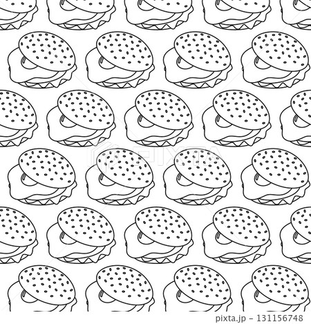 Outline Sandwich with Fried Egg and Vegetables in Sesame bun Seamless Pattern Breakfast Themes Fond 131156748