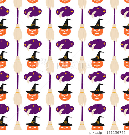 Brooms Crescent on Clouds with Stars and Halloween Pumpkin in Witch Hat Seamless Pattern Halloween 131156753