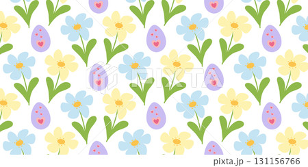 Multicolored Flowers on stem with leaves and Eggs with Hearts Decor Seamless Pattern Banner Format 131156766