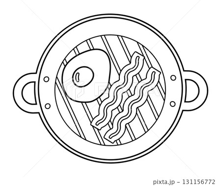 Outline Grill Pan with Fried Egg and Bacon Stripes Traditional English Breakfast Minimalistic Design 131156772