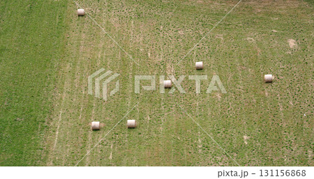 Aerial view Haystacks on the harvest fields in summertime, Zdencina, Croatia 131156868