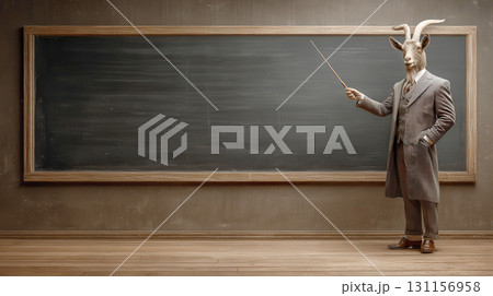 ヤギの先生が黒板で授業をする教室 131156958