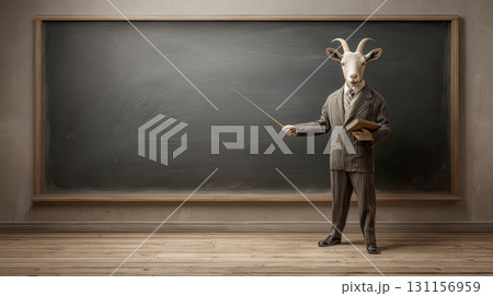 ヤギの先生が黒板で授業をする教室 131156959