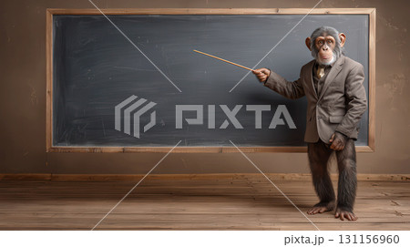チンパンジーの先生が黒板で授業をする教室 131156960