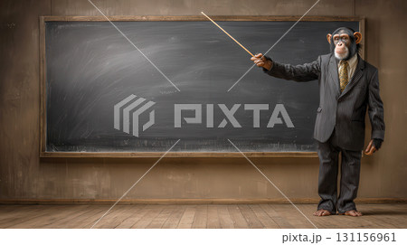 チンパンジーの先生が黒板で授業をする教室 131156961