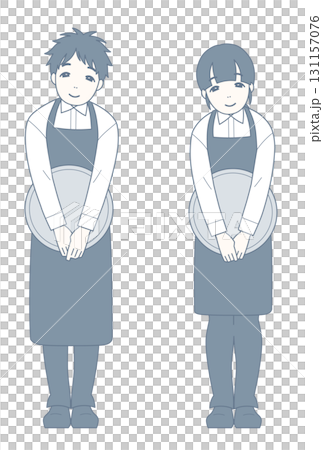 A smiling restaurant employee bows slightly 131157076