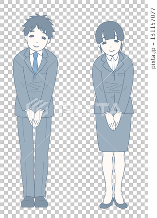 軽くお辞儀をしながら微笑むスーツ姿の男女 131157077