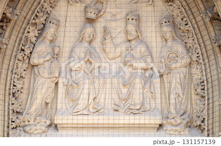 The tympanum shows the Coronation of the Virgin portal of the Marienkapelle in Wurzburg, Bavaria, Germany 131157139