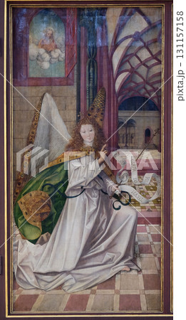 Archangel Gabriel, The Annunciation, main altar in Marienkapelle in Wurzburg, Bavaria, Germany 131157158