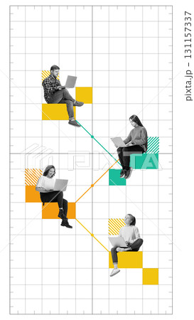 Modern artwork. Remote team working on laptops connected by abstract network lines Modern artwork. Remote team working on laptops connected by abstract network lines 131157337