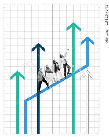 Creative collage. Business people climbing arrows of growth with determination and teamwork 131157343