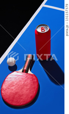 Red mockup can with ping pong paddle and ball on blue tennis court 131157379