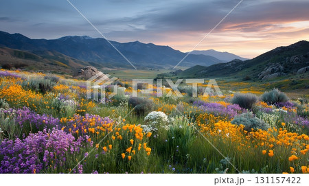 Sunrise over valley filled with spring flowers 131157422