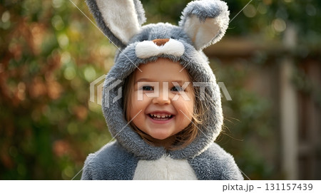 Bunny costume child smiling festive outdoor scene Bunny costume child smiling festive outdoor scene 131157439